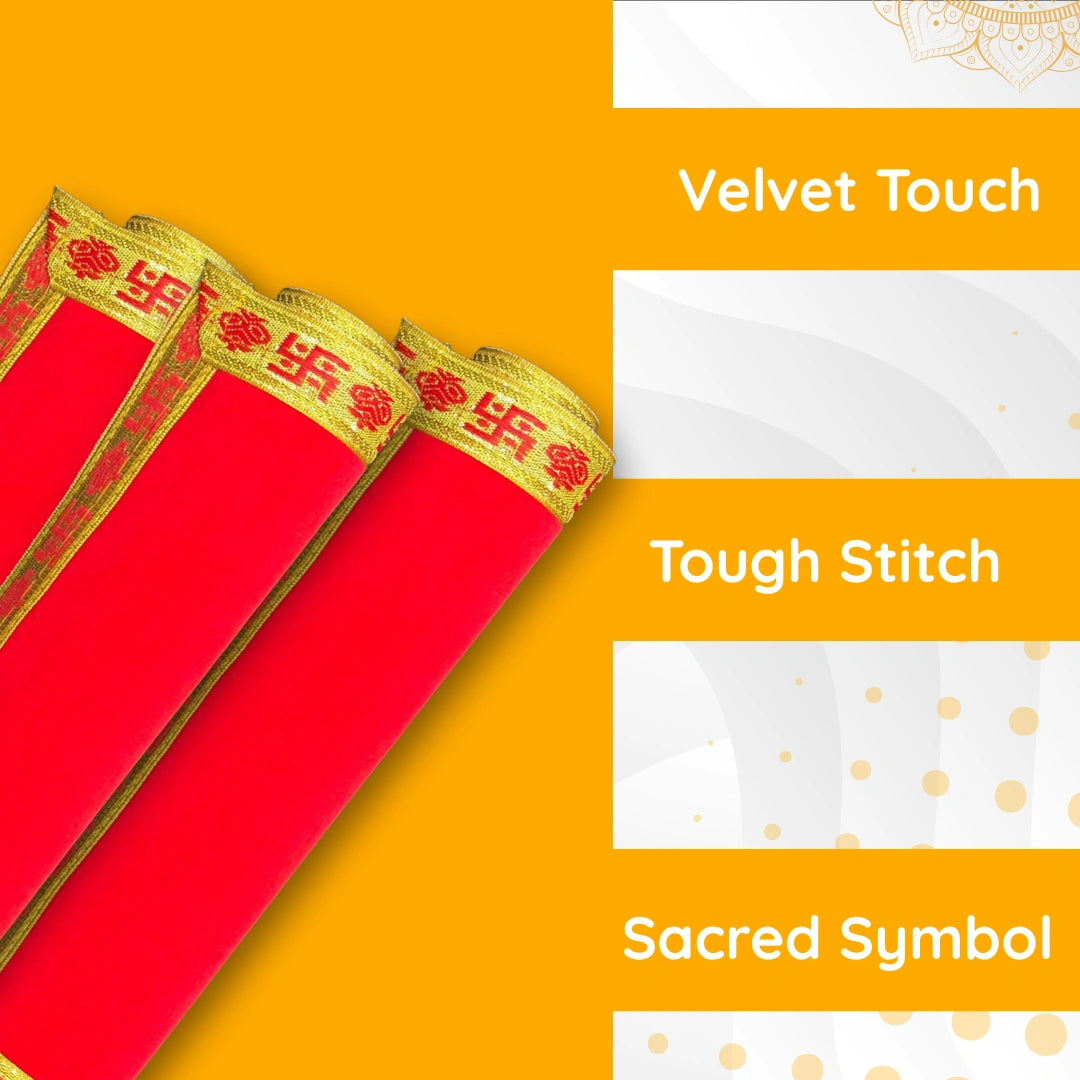 Red Velvet Pooja Aasan with Swastik Kalash Border – 11.5x11 Inch fold  view