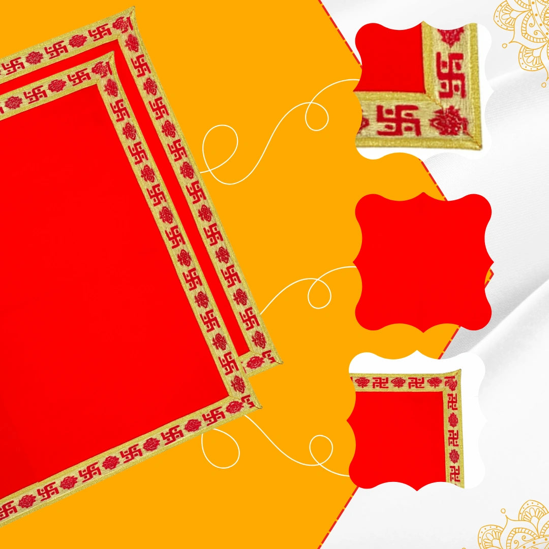 Red Velvet Pooja Aasan with Swastik Kalash Border – 11.5x11 Inch pattren view
