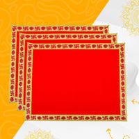 Red Velvet Pooja Aasan with Swastik Kalash Border – 11.5x11 Inch top view 