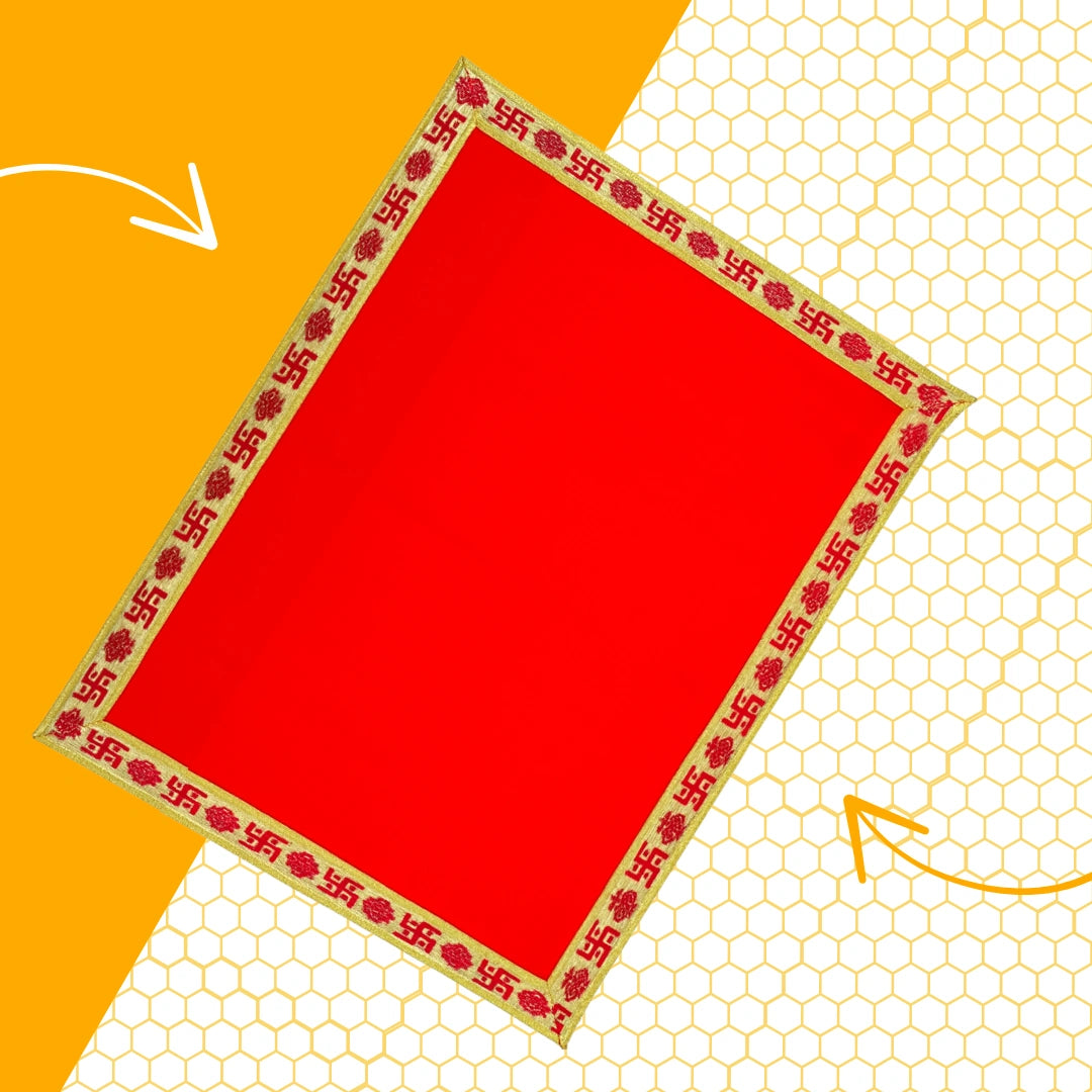 Red Velvet Pooja Aasan with Swastik Kalash Border – 11.5x11 front  view