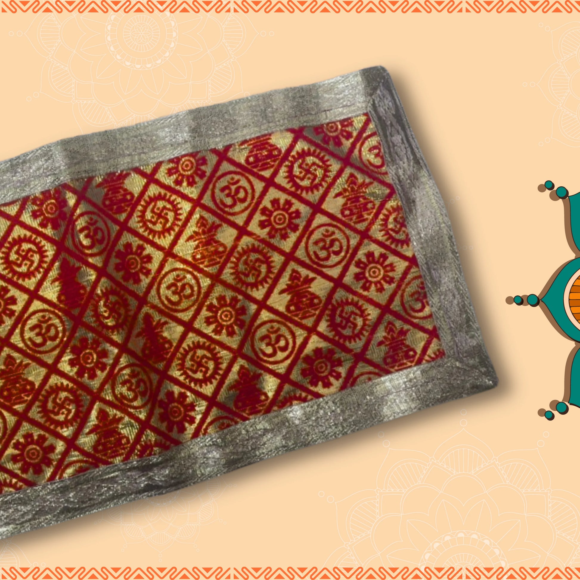 Red and Golden Brocade Puja Aasan with Spiritual Motifs border view