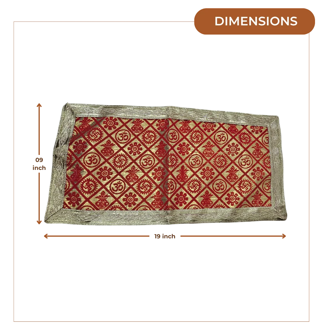 Red and Golden Brocade Puja Aasan with Spiritual Motifs dimensions