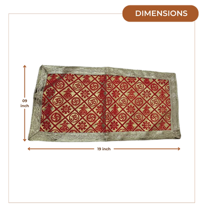 Red and Golden Brocade Puja Aasan with Spiritual Motifs dimensions