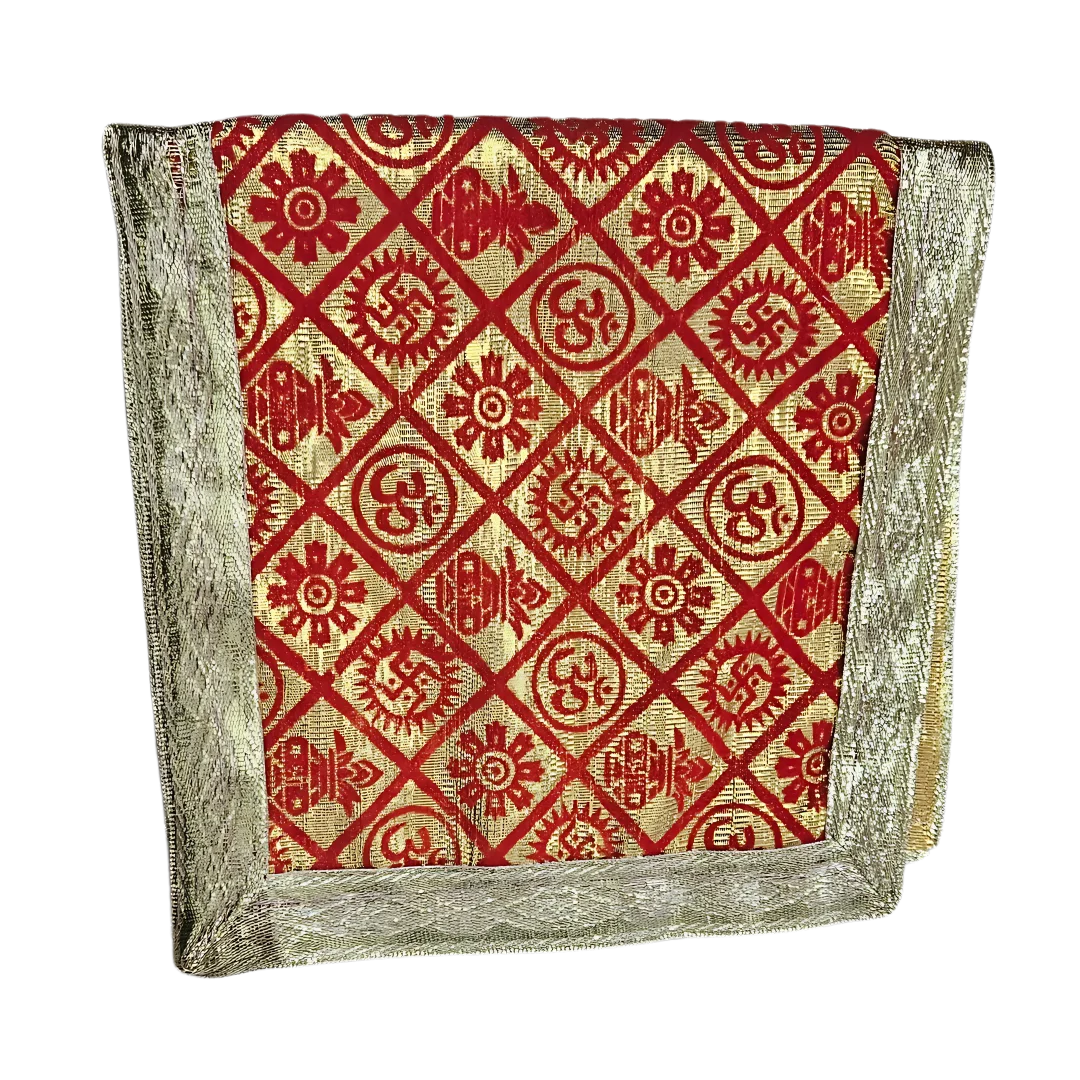 Red and Golden Brocade Puja Aasan with Spiritual Motifs fold view