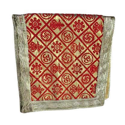 Red and Golden Brocade Puja Aasan with Spiritual Motifs fold view