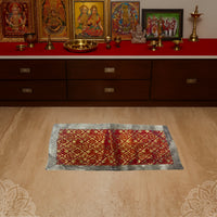 Red and Golden Brocade Puja Aasan with Spiritual Motifs lifestyle view