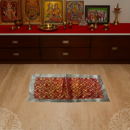 Red and Golden Brocade Puja Aasan with Spiritual Motifs lifestyle view