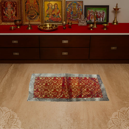 Red and Golden Brocade Puja Aasan with Spiritual Motifs lifestyle view