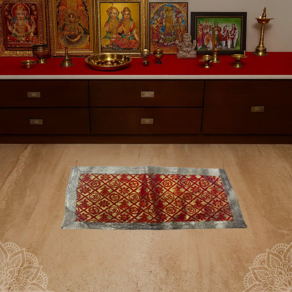 Red and Golden Brocade Puja Aasan with Spiritual Motifs lifestyle view