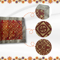 Red and Golden Brocade Puja Aasan with Spiritual Motifs patten view