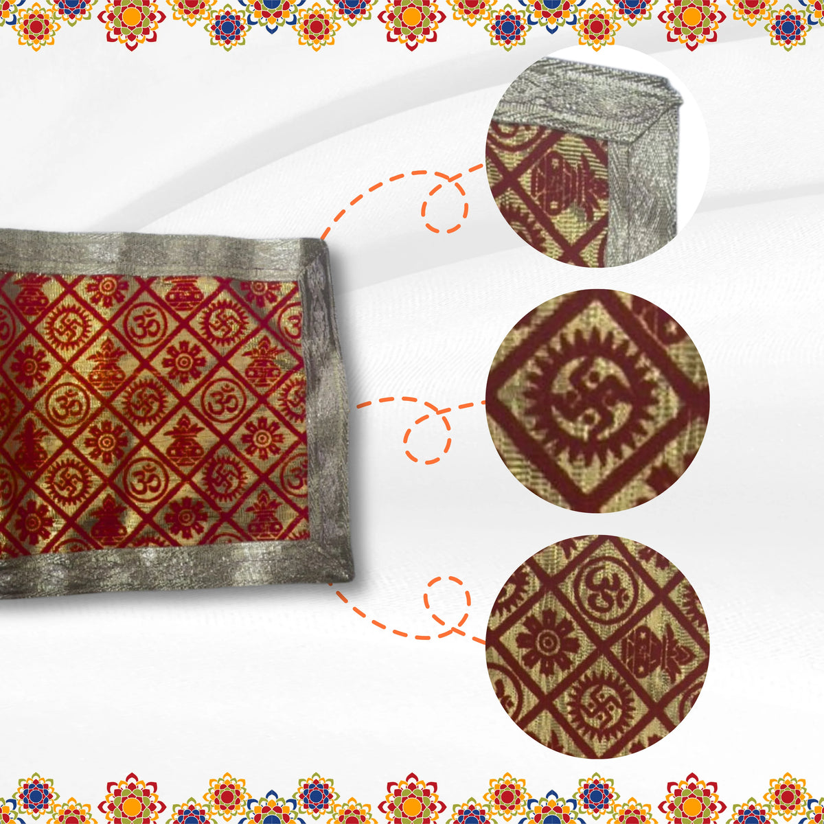 Red and Golden Brocade Puja Aasan with Spiritual Motifs patten view