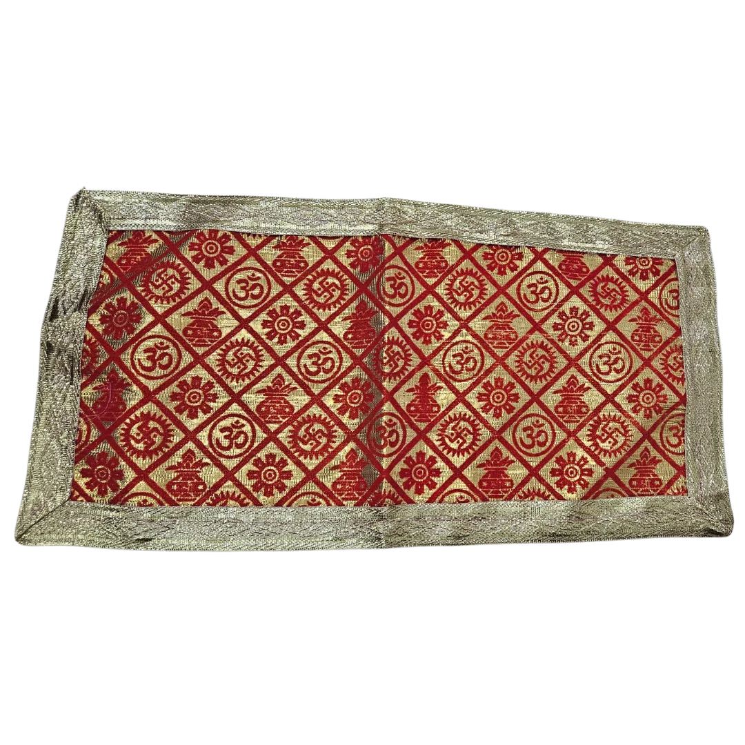 Red and Golden Brocade Puja Aasan with Spiritual Motifs top view