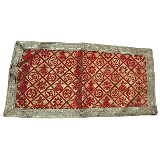 Red and Golden Brocade Puja Aasan with Spiritual Motifs top view