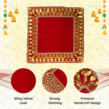 Red velvet pooja aasan with golden handcrafted border – close-up details of embroidery, sequins, and plain velvet fabric.