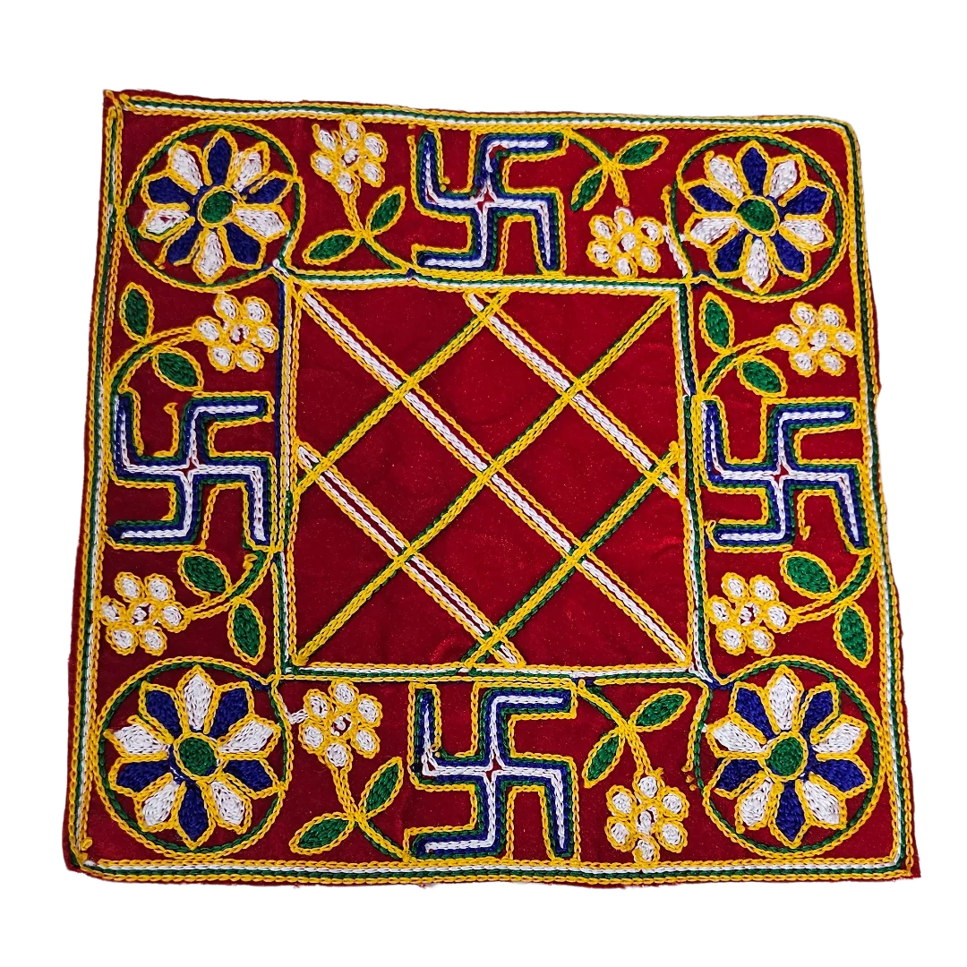 Red Pooja Aasan with Floral & Swastik Design top view