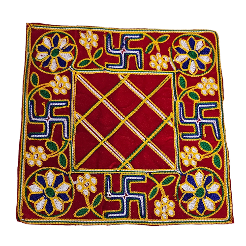 Red Pooja Aasan with Floral & Swastik Design