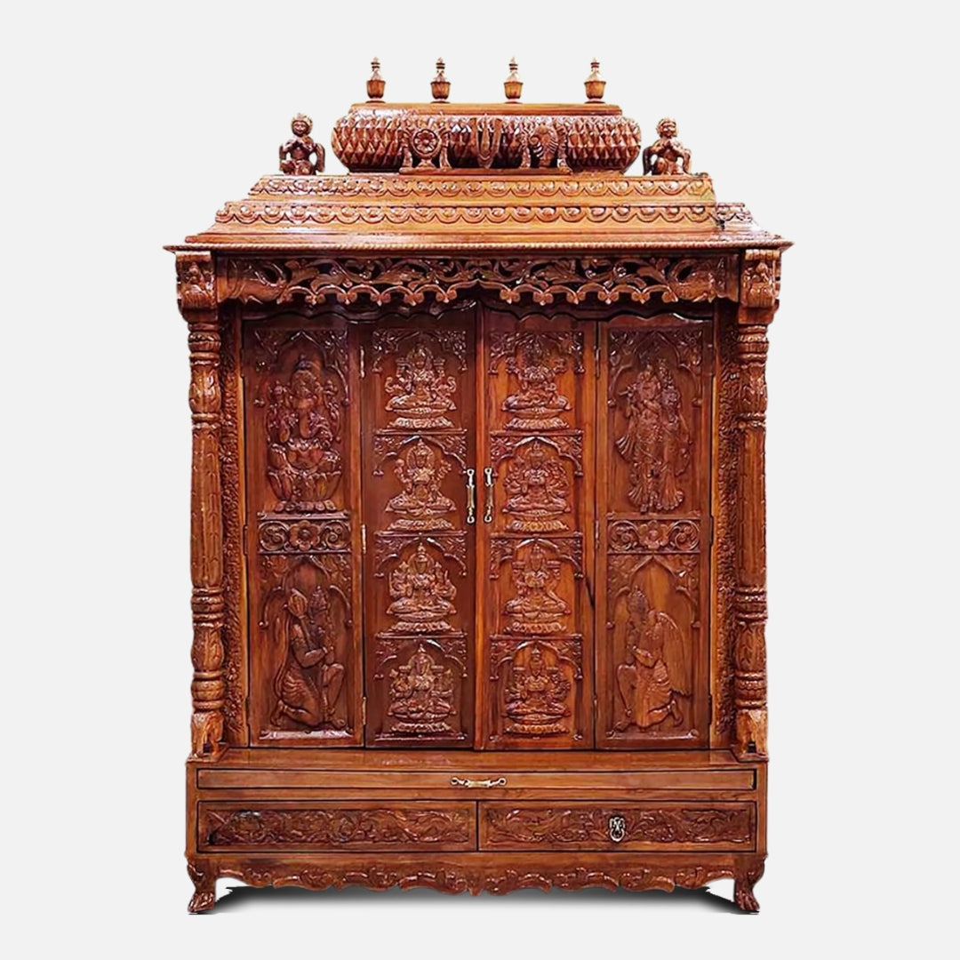 Riddhi Teak Wood Mandir with Door - Teak