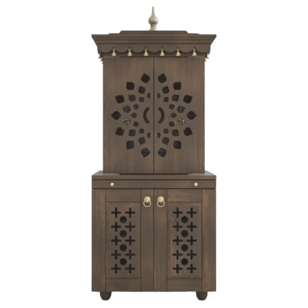 Rudralaya Teak Wood Pooja Mandap with Door (Brown) Front View