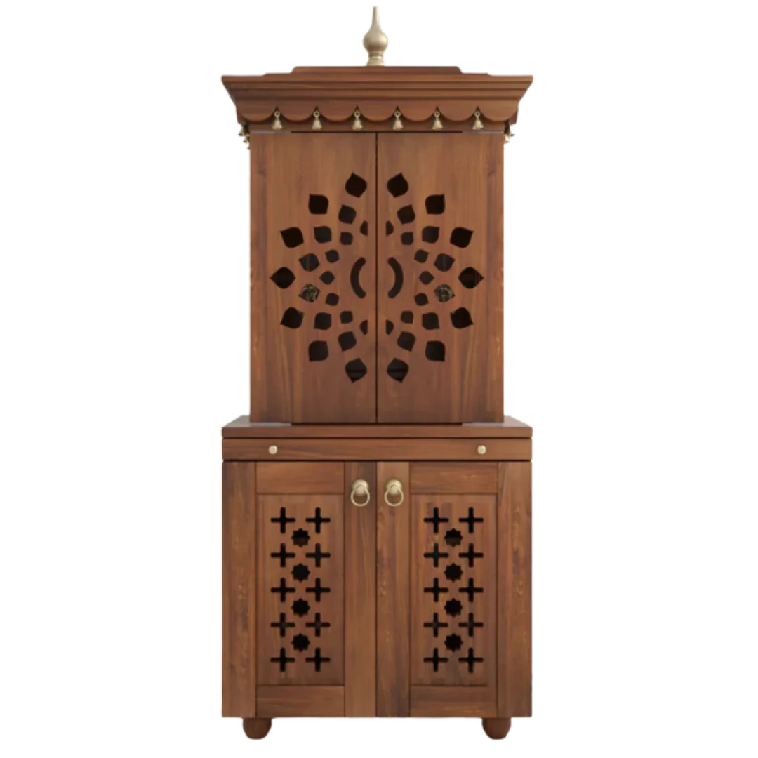 Rudralaya Teak Wood Pooja Mandap with Door (Teak) Front View