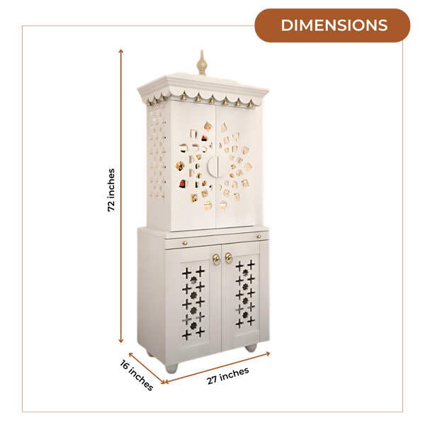 Rudralaya Teak Wood Pooja Mandap with Door (White) Dimensions