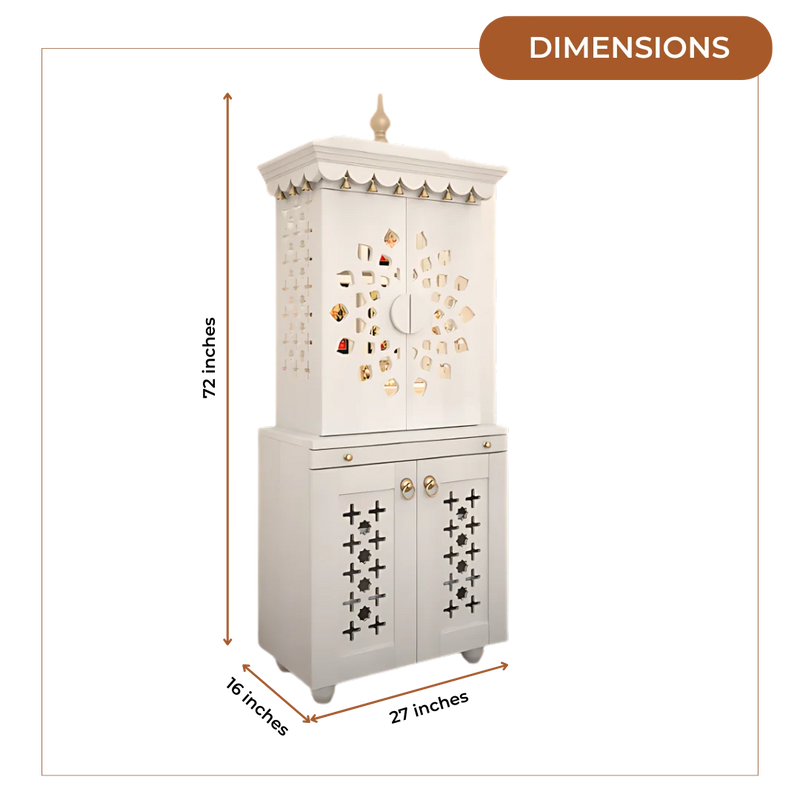 Rudralaya Teak Wood Pooja Mandap with Door (White) Dimensions