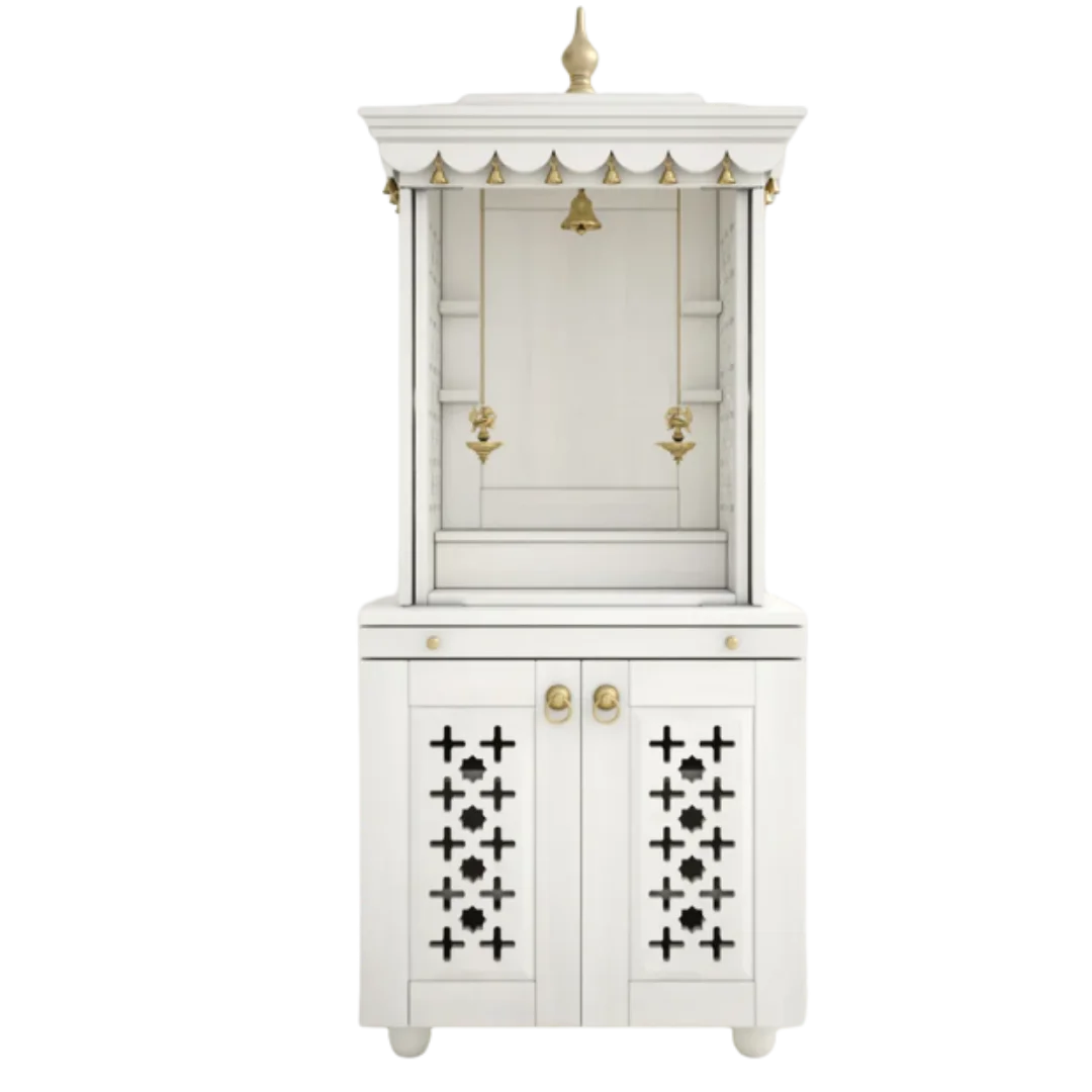 Rudralaya Teak Wood Pooja Mandap with Door (White) Front View