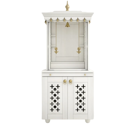 Rudralaya Teak Wood Pooja Mandap with Door (White) Front View
