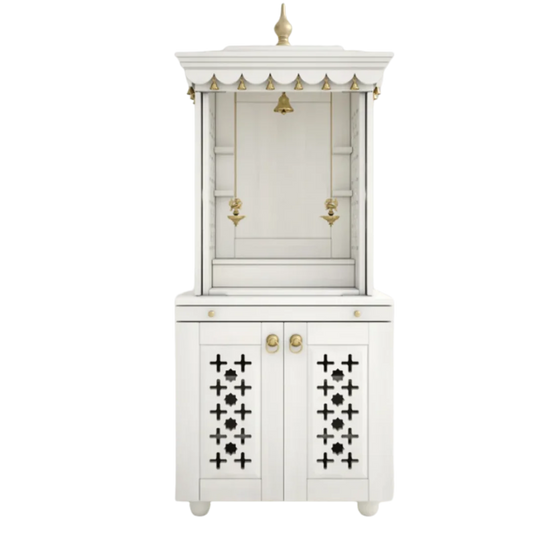 Rudralaya Teak Wood Pooja Mandap with Door (White) Front View