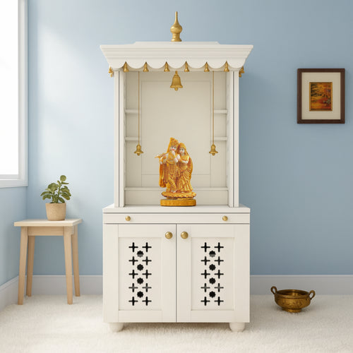 Rudralaya Teak Wood Pooja Mandap with Door (White)