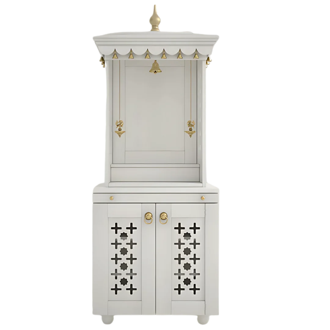 Rudralaya Teak Wood Pooja Mandap without Door (White) Front View