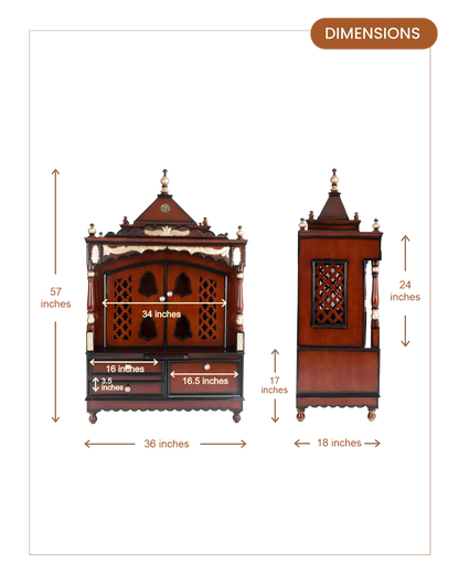 Sacred Home Large Floor Rested Pooja Mandir with Door (Brown Gold) dimensions