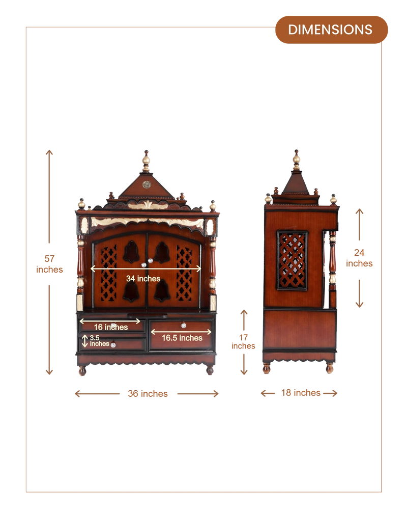 Sacred Home Large Floor Rested Pooja Mandir with Door (Brown Gold) dimensions