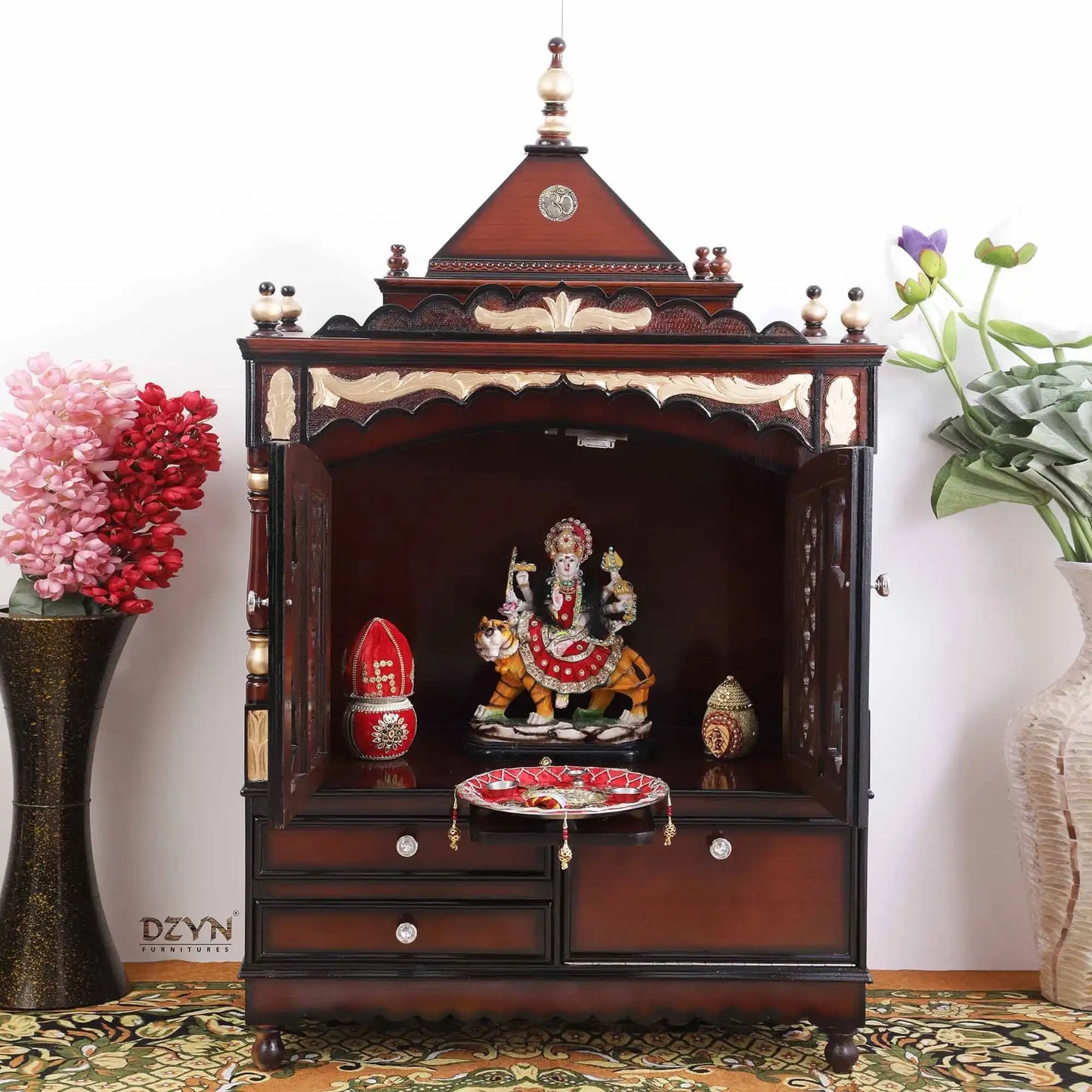 Sacred Home Large Floor Rested Pooja Mandir with Door (Brown Gold) lifestyle view
