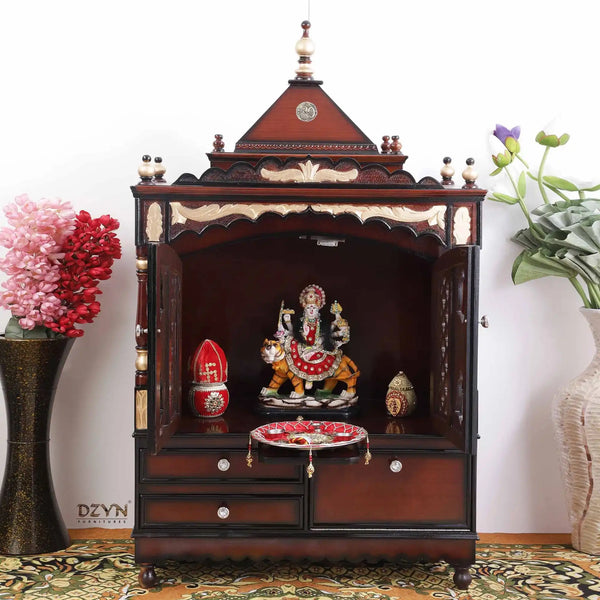 Sacred Home Large Floor Rested Pooja Mandir with Door (Brown Gold) lifestyle view