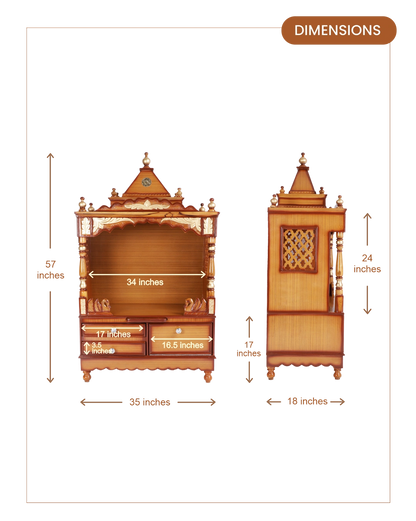 Sacred Home Large Floor Rested Pooja Mandir with Door (Teak Gold) dimensions