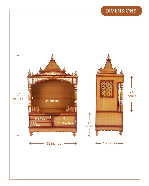 Sacred Home Large Floor Rested Pooja Mandir with Door (Teak Gold) dimensions