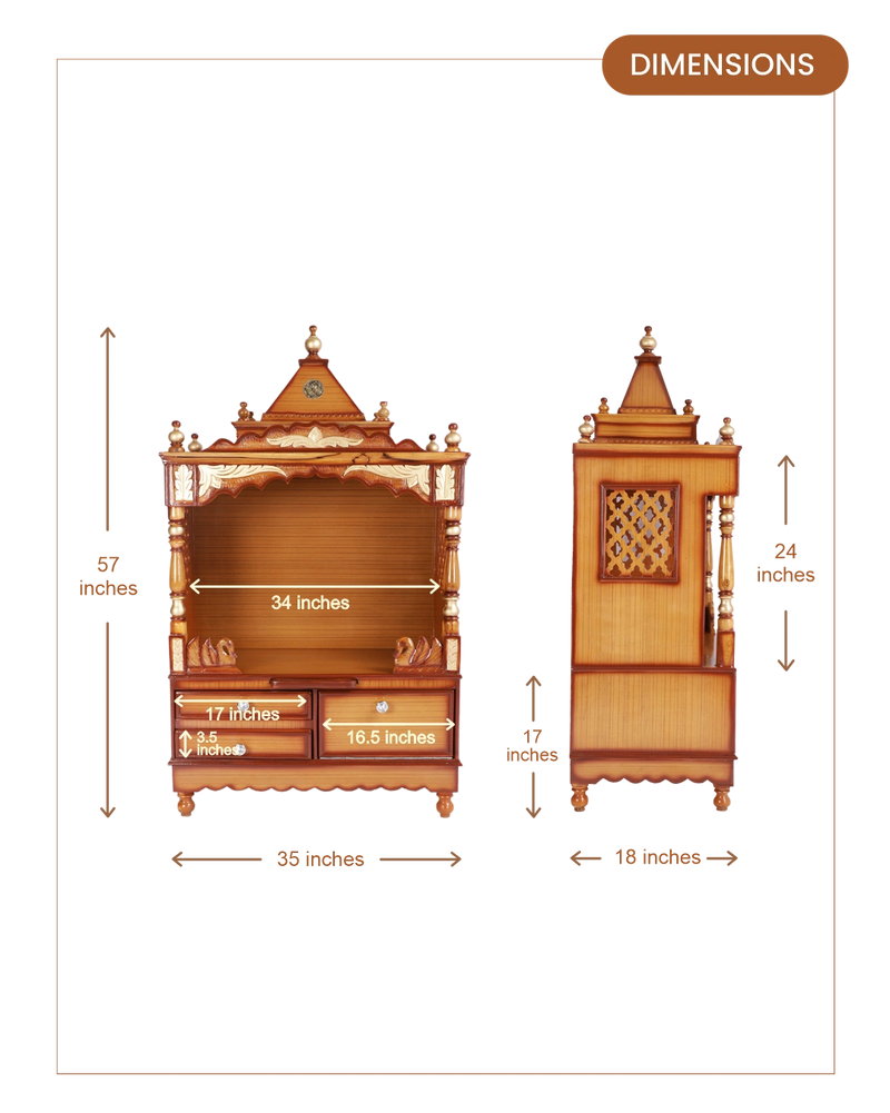 Sacred Home Large Floor Rested Pooja Mandir with Door (Teak Gold) dimensions