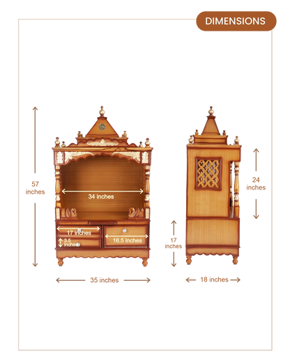 Sacred Home Large Floor Rested Pooja Mandir with Door (Teak Gold)