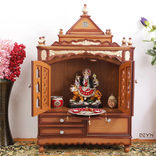 Sacred Home Large Floor Rested Pooja Mandir with Door (Teak Gold)