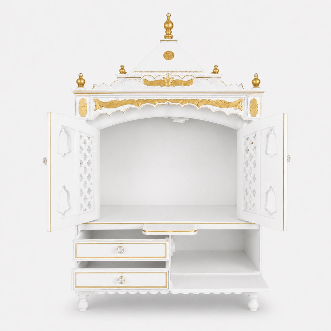 Sacred Home Large Floor Rested Pooja Mandir with Door (White Gold) Front View Open Drawers