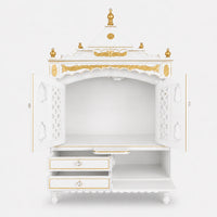 Sacred Home Large Floor Rested Pooja Mandir with Door (White Gold) Front View Open Drawers