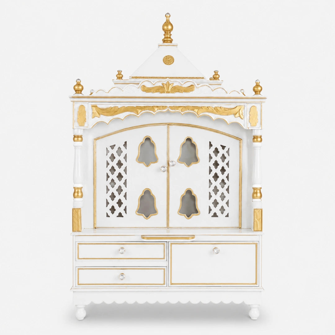 Sacred Home Large Floor Rested Pooja Mandir with Door (White Gold) Front View