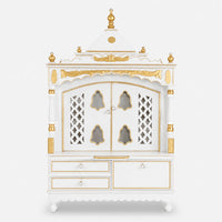 Sacred Home Large Floor Rested Pooja Mandir with Door (White Gold) Front View