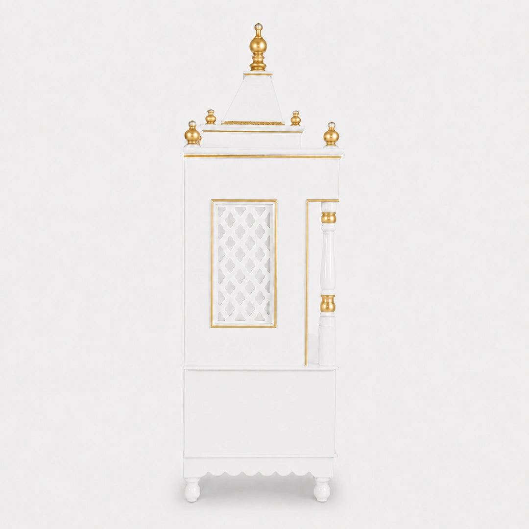 Sacred Home Large Floor Rested Pooja Mandir with Door (White Gold) Side Angle