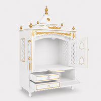 Sacred Home Large Floor Rested Pooja Mandir with Door (White Gold) Side View Open Drawers