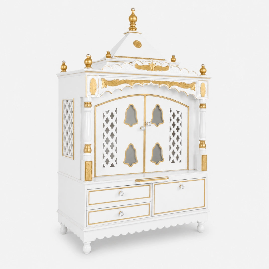 Sacred Home Large Floor Rested Pooja Mandir with Door (White Gold) Side View