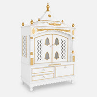 Sacred Home Large Floor Rested Pooja Mandir with Door (White Gold) Side View