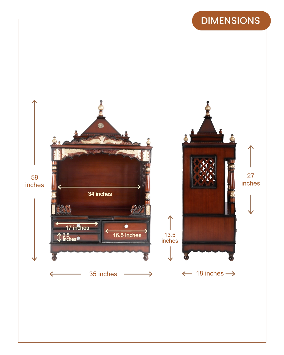 Sacred Home Large Floor Rested Pooja Mandir without Door (Brown Gold) dimensions