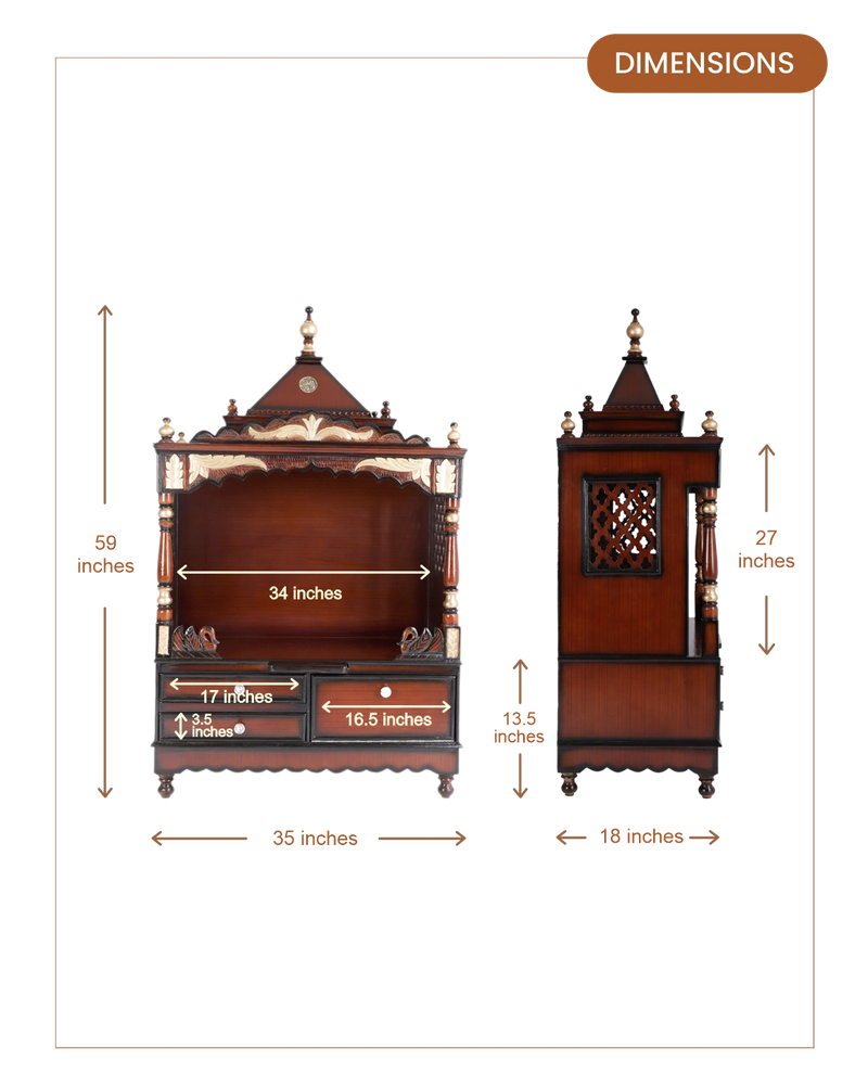 Sacred Home Large Floor Rested Pooja Mandir without Door (Brown Gold) dimensions