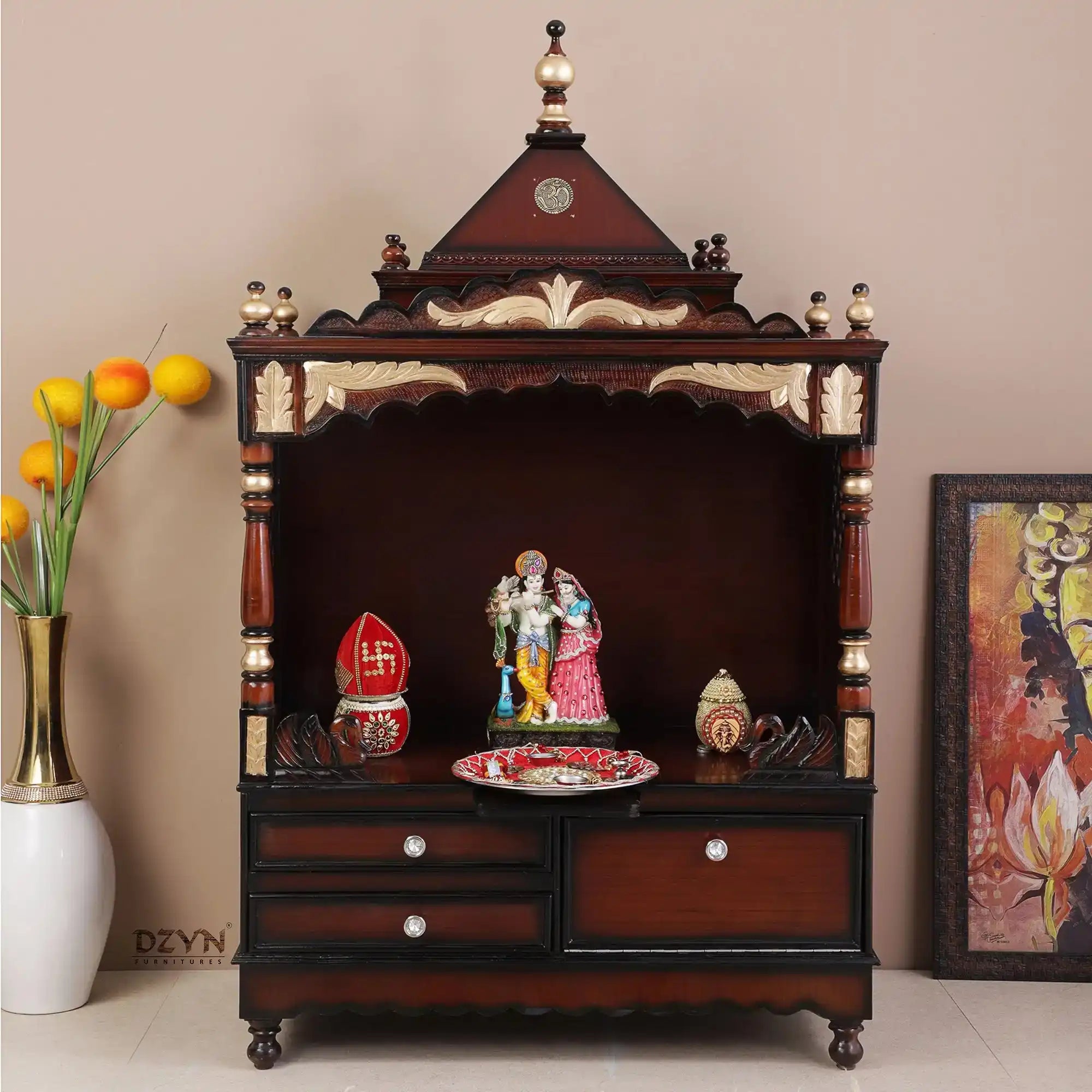 Sacred Home Large Floor Rested Pooja Mandir without Door (Brown Gold) lifestyle view